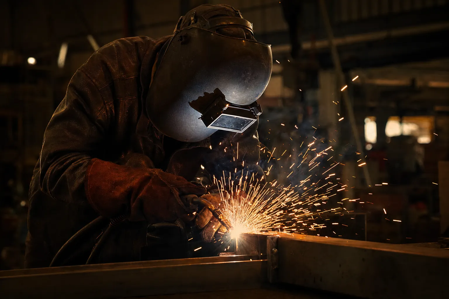 A welder in a helmet welding a steel beam with sparks flying